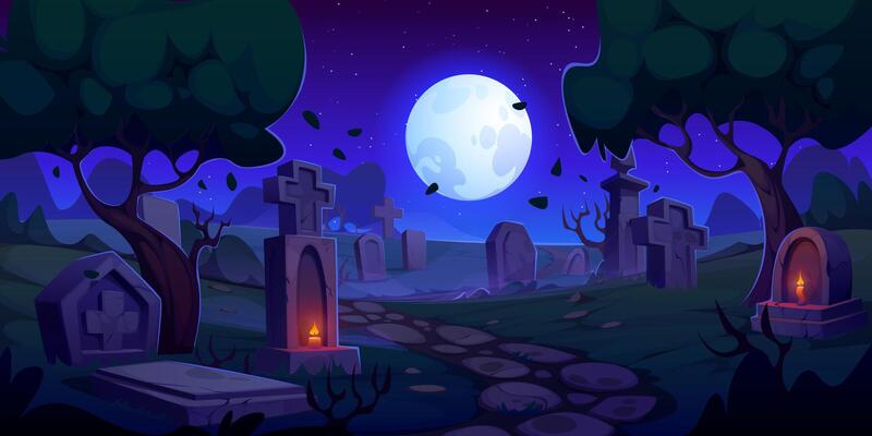 Cartoon Halloween cemetery tombstones landscape