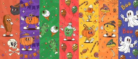 Cartoon groovy Halloween characters collage vector
