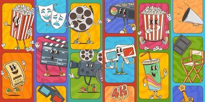 Cartoon groovy movie cinema characters collage vector
