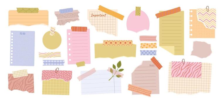 Washi tape notes. Notepaper and decorative tapes, to do list, clipped and taped paper for scrapbooking, planners and memo boards designs. DIY craft isolated elements set vector