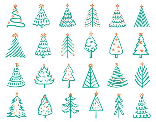 Hand drawn christmas tree. Festive winter holiday tree doodles with decorative stars and ribbon bows. Abstract Xmas ornament, minimalist isolated illustrations set