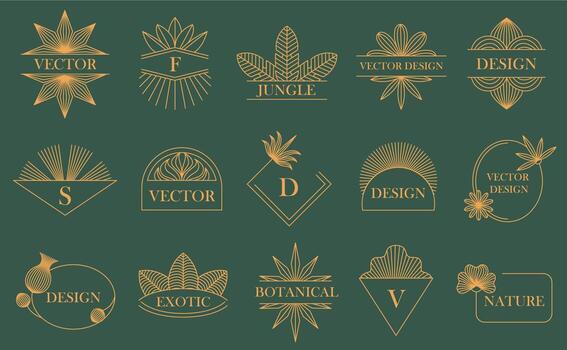 Linear boho floral emblem frames. Geometric label borders, luxury minimalist botanical designs with elegant leaves and flowers. Nature inspired badge templates set with editable stroke path vector