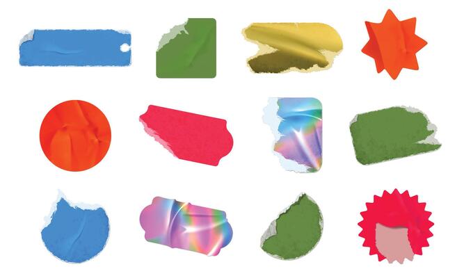 Ripped stickers. Old crumpled paper tags with torn worn out edges, textured distressed label sticker shapes and adhesive price tag isolated realistic set