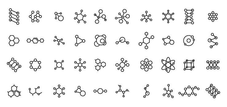 Linear chemical structure icons. Molecular formula diagrams and atomic bond connection, compound structures, scientific research and laboratory analysis. Molecule set with editable stroke path vector
