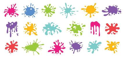 Organic paint splatter shapes. Ink blobs, hand drawn splat and soft liquid amorphous silhouettes. Colorful dynamic splash with droplets visual effects isolated set vector