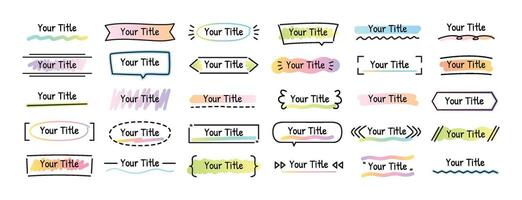 Doodle titles. Hand drawn title banner frames, creative decorative headers and headline elements. Framed and underlined titles for presentations, notes and classroom designs templates set vector