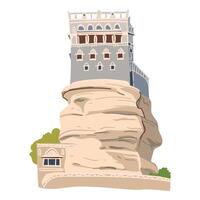 Palace on the Rock or Dar al-Hajar, the summer residence of the Imam. Museum on the cliff near Sana'a. Landmark of Yemen. house on the cliff in flat style. vector