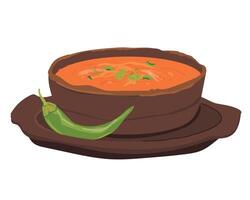 Saltah is a national dish of Yemen. It is made from a brown meat stew called marak and sahavik. Saltah is served for lunch in a stone pot called harada or maghla. illustration in flat style vector