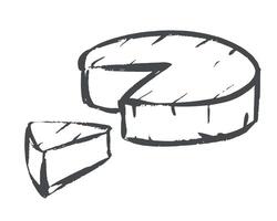 rough sketch of cheese. White brie or camembert Italian, French soft cheese. Exquisite snack for wine. Cut piece and whole head of cheese. Imitation of quick drawing with ink and brush vector