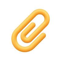 Yellow paper clip. Attachment, documents, office supplies, organization and file management concept. 3d icon. Cartoon minimal style. vector