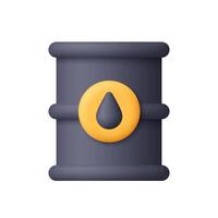 Black oil barrel with a yellow circle and black oil drop symbol. Oil drum container. Oil industry, energy resources and petroleum concept. 3d icon. Cartoon minimal style. vector