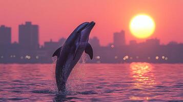 Dolphin Leaps at Sunset Over City Skyline A Stunning Display of Nature and Urban Life. photo