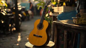 Classical Guitar Resting on a Wooden Stool in Golden Hour Light. A musical instrument in a picturesque outdoor setting. photo