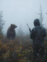 Grizzly Encounter Hunter and Bear Face Off in Misty Forest. photo