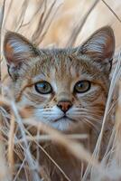 Close-up Portrait of a Sand Cat Hiding in the Grass. A captivating image of a wild feline's face peeking through tall grass. photo