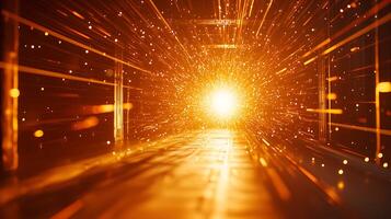 Abstract Glowing Corridor A Burst of Light and Energy. A digital illustration of an abstract tunnel with bright orange light radiating from the center. photo