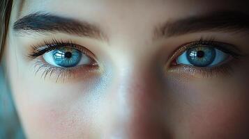 Close-up of a Young Woman's Captivating Blue Eyes. The image showcases the intricate details of her eyelashes and the subtle nuances of her skin. photo