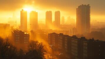 Golden Sunrise over Cityscape Foggy Urban Dawn. photo