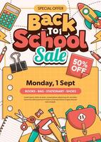 Back to school sale poster with school elements and items. Education banner and poster. vector