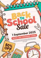 Back to school sale poster background template with school elements and items. Education banner and poster. vector