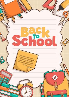 Back to school poster template background with school elements and items. Education banner and poster. Template for advertising, web, social media.