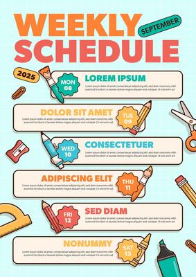 Back to school weekly schedule poster template with school elements and items.