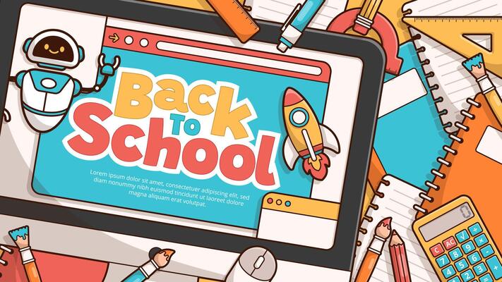 Back to school template banner with school elements and items. Template for advertising, web, social media.