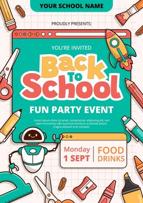 Back to school fun party event template with school elements and items. Education banner and poster.