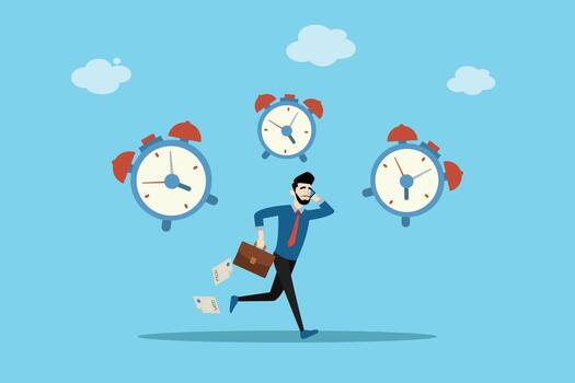 Businessman running with documents and surrounded by alarm clocks. Concept of stress, urgency, deadlines, and time management. vector