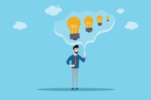 Professional man pointing at glowing light bulbs, representing creative thinking, brainstorming, and innovation in business. vector