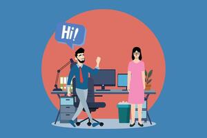 Flat illustration of a man greeting a woman in a modern office setting. Suitable for workplace communication, onboarding, teamwork, coworker interaction, and business concepts. vector
