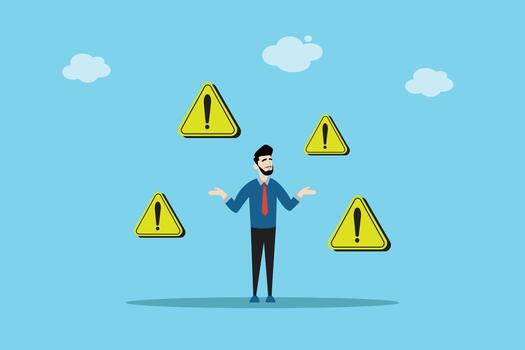 empresario con múltiple amarillo advertencia símbolos alrededor, representando riesgo gestión, peligro, precaución, y incertidumbre en negocio. vector