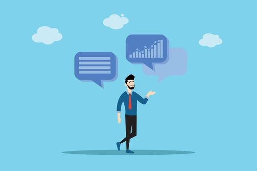 empresario explicando con charla burbujas demostración texto y grafico. genial para negocio comunicación, analítica, y digital presentación temas vector