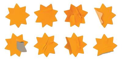 Crumpled paper starburst stickers. Sticky star badge with crumpled texture or torn edges. Wrinkled glued price tag realistic 3D isolated mockup set vector