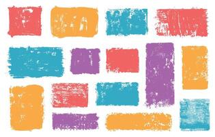Grunge paint texture rectangular templates. Distressed shapes with brush strokes, rough edged paint stamp and vintage printing effect abstract backgrounds set vector