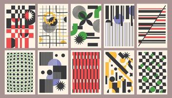 Abstract geometric posters. Contemporary art checkered backgrounds, decorative modern patterns with grid stripes. Trendy wall decor for branding, marketing, social media and interior prints set vector