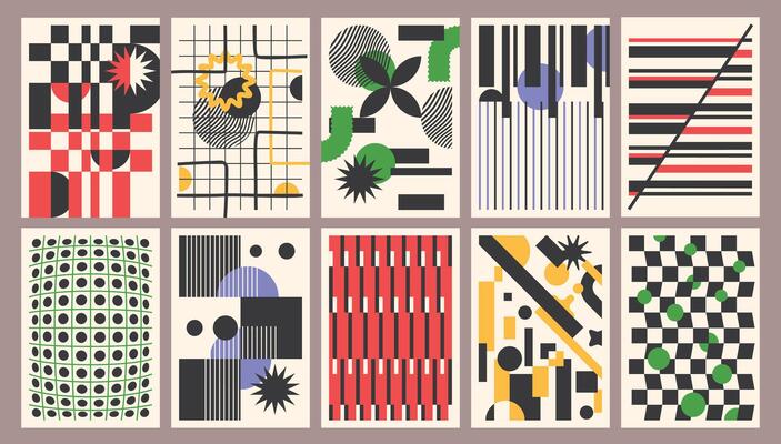 Abstract geometric posters. Contemporary art checkered backgrounds, decorative modern patterns with grid stripes. Trendy wall decor for branding, marketing, social media and interior prints set