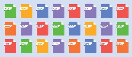 Stencil file format icons with PDF, JPG and MP3, JS and XML, DLL and SVG, CSV and , and DOC labels. File types with document extension for UI and UX. set vector