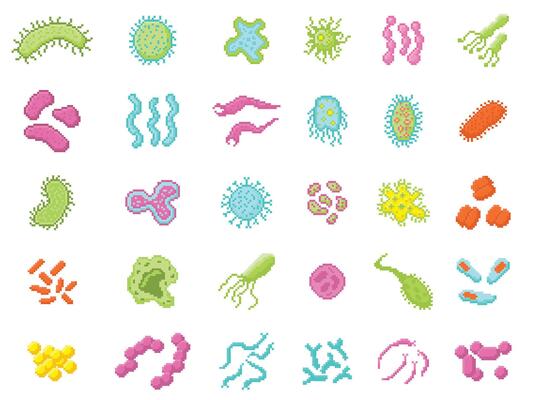 Pixel art bacteria and virus. Microscopic virus, germ, bacillus, microbe shapes and viral molecules. Pixelated microorganism, 8 bit microscope retro game art isolated icons