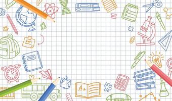Doodle back to school frame. Educational border with hand drawn school items and colorful pencils on grid paper. Sketch stationery background for classroom, academic or student banner vector