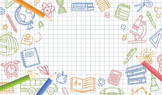 Doodle back to school frame. Educational border with hand drawn school items and colorful pencils on grid paper. Sketch stationery background for classroom, academic or student banner