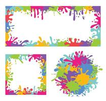 Colorful paint splash frames. Vibrant borders with multicolored splashes, dripping blot and liquid splatter. Creative splash backgrounds for banner, card and print designs set vector