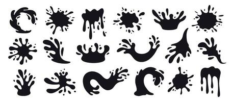 Water splash shapes with droplets. Ink splatter silhouette, paint spill, flowing fluid and liquid blots. Dynamic burst splashes hand drawn isolated set vector