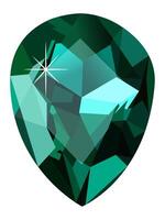 Large teardrop shaped emerald gemstone featuring intricate facets reflecting light and creating a dazzling sparkle against a pristine white background, embodying luxury and elegance vector