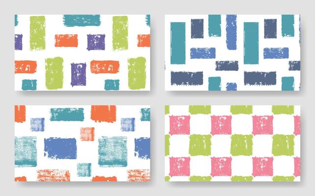 Seamless abstract grunge patterns. Checkerboard stamped backgrounds with distressed paint strokes textures, hand painted tiles geometric layout. Grid rhythm checked motif, abstract mosaic set