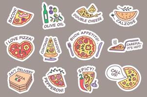 Colorful pizza-themed stickers and icons vector