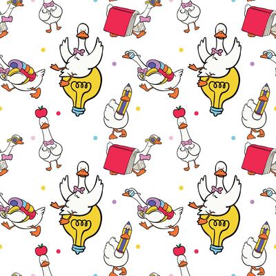 Seamless pattern silly goose cartoon character back to school actiities illustration