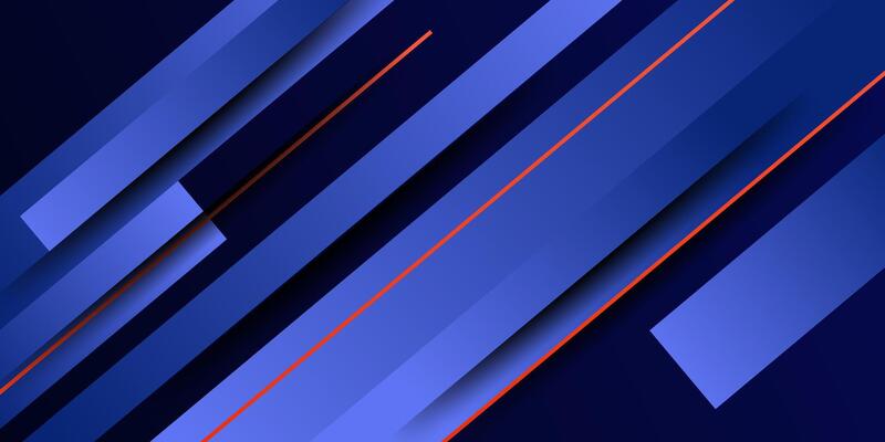 Dynamic abstract blue gradient illustration with a geometric background patterned with simple rectangular curves and orange lines. Cool and simple design. Eps10.