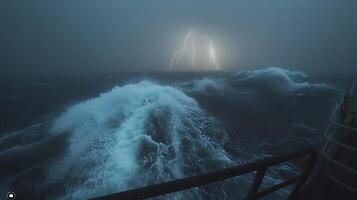 Dramatic Ocean Scene Lightning Storm at Sea. A breathtaking image captures the raw power of nature as lightning strikes the turbulent waves during a fierce storm. photo