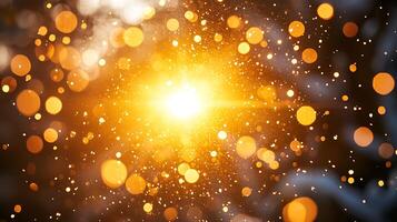 Golden Bokeh Lights Abstract Background of Sparkling Dust and Glowing Circles. photo